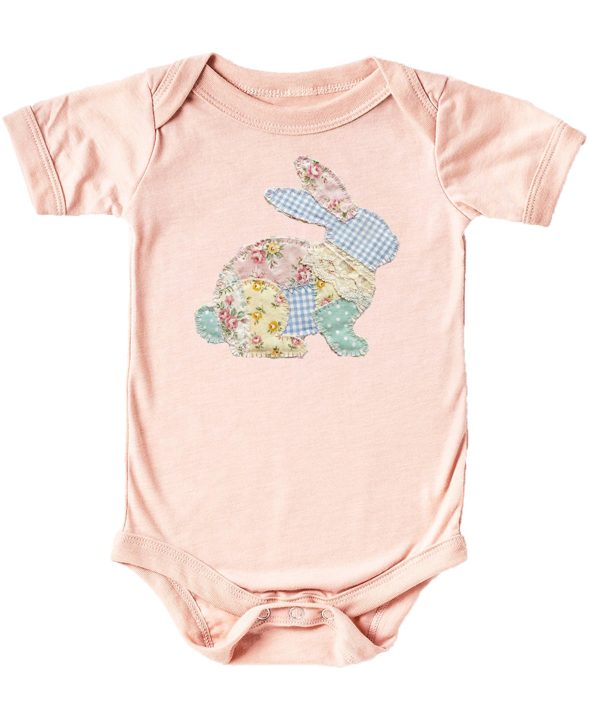 Easter floral bunny faux patchwork ink-printed baby bodysuit on white background