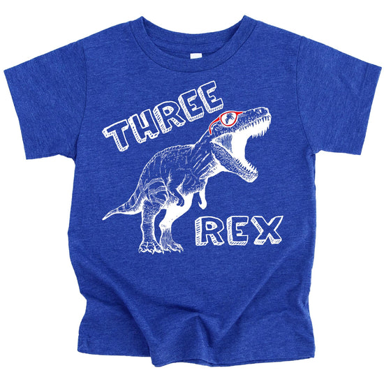 Military green toddler t-shirt with white Three Rex dinosaur 3rd birthday design