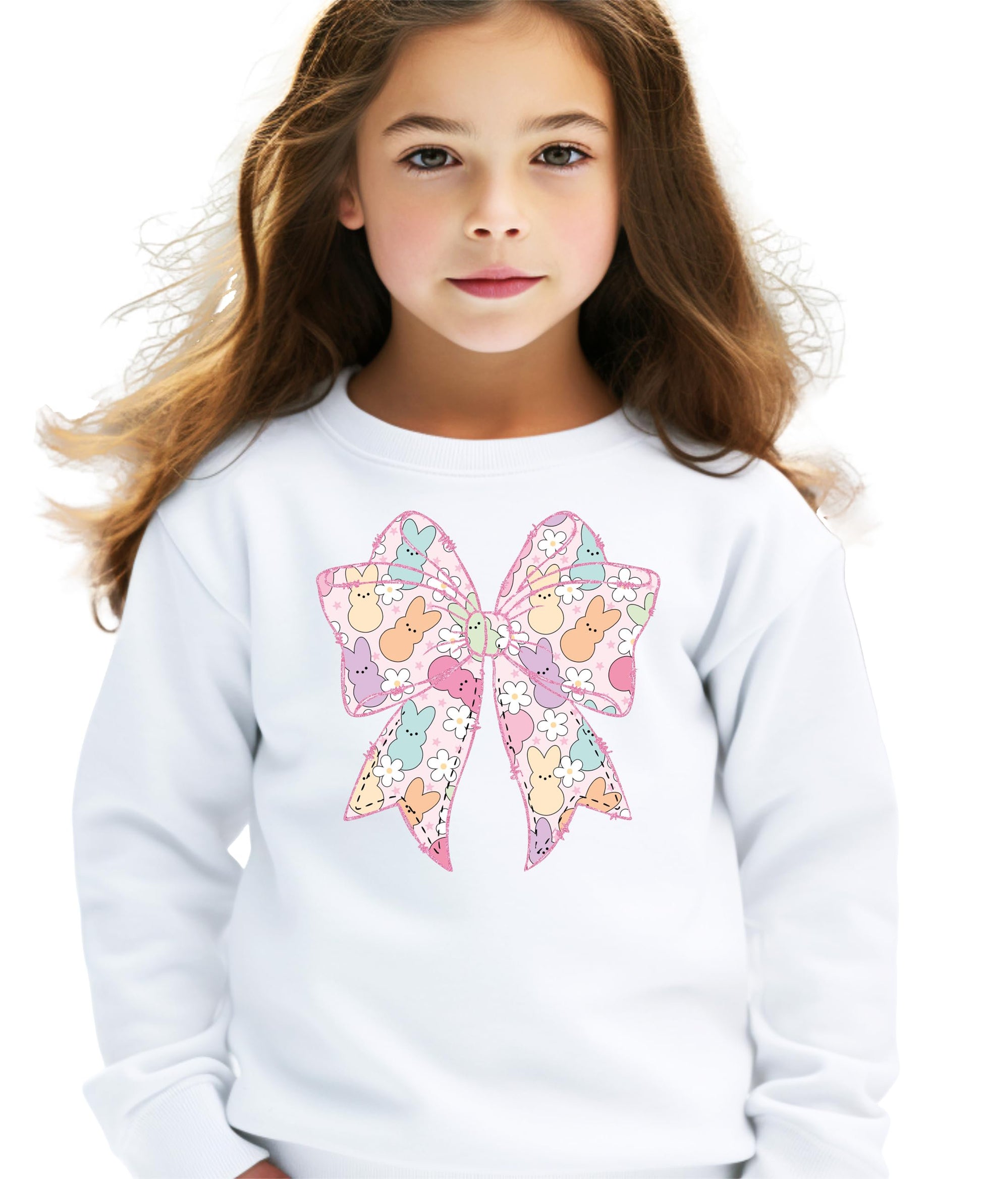 Young girl wearing a pastel pink Easter sweatshirt with bunnies and floral accents