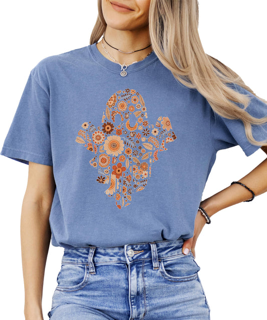 Trendy Orange Floral Ghost Shirt Cute Fall Halloween Graphic T-Shirt Seafoam Shirt Adult Small