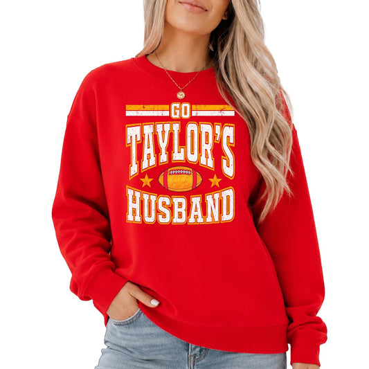 Front view of Go Taylor's Husband funny football crewneck sweatshirt with star and stripe accents
