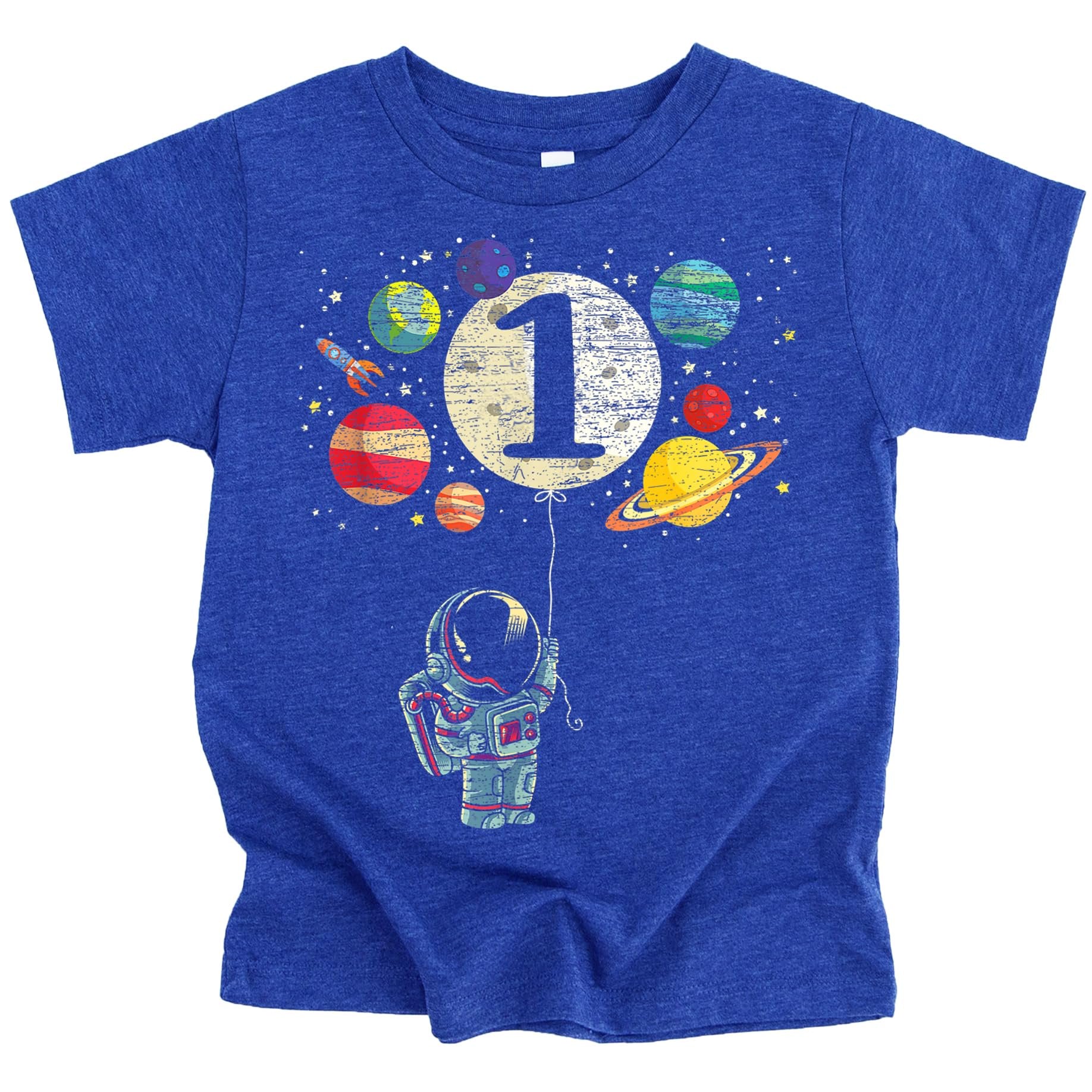 Toddler 1st birthday astronaut rocket space graphic tee with moon balloon and planets in vintage royal blue