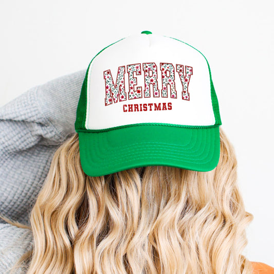 Merry Christmas Trucker Hat for Women Floral Holiday Foam Front Classic 5 Panel Mesh Snapback
