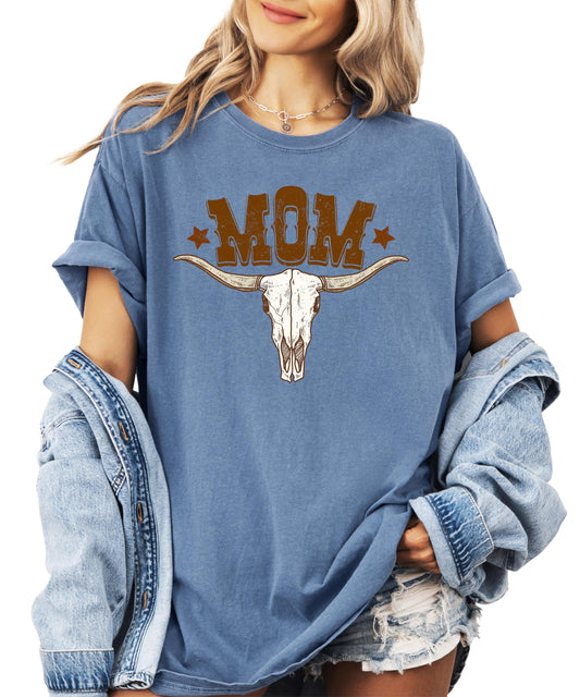 Mom Western Bull Skull Shirt for Women Trendy Vintage Rustic Country Girl T-Shirt