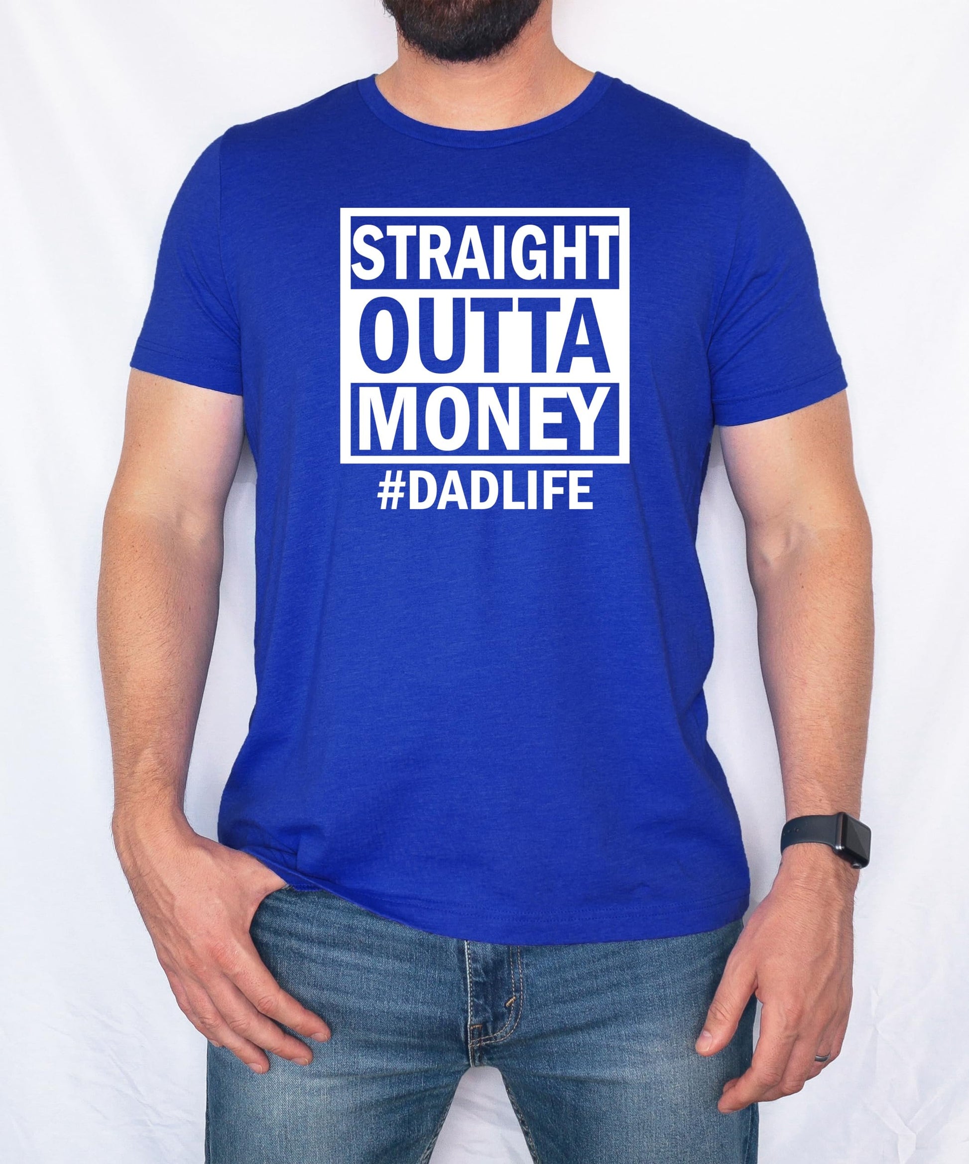 Side angle view of royal blue dad life t-shirt with Straight Outta Money design
