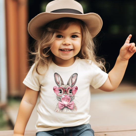 Youth and toddler Easter peach shirt with fun bunny bubblegum graphic by Olive Loves Apple