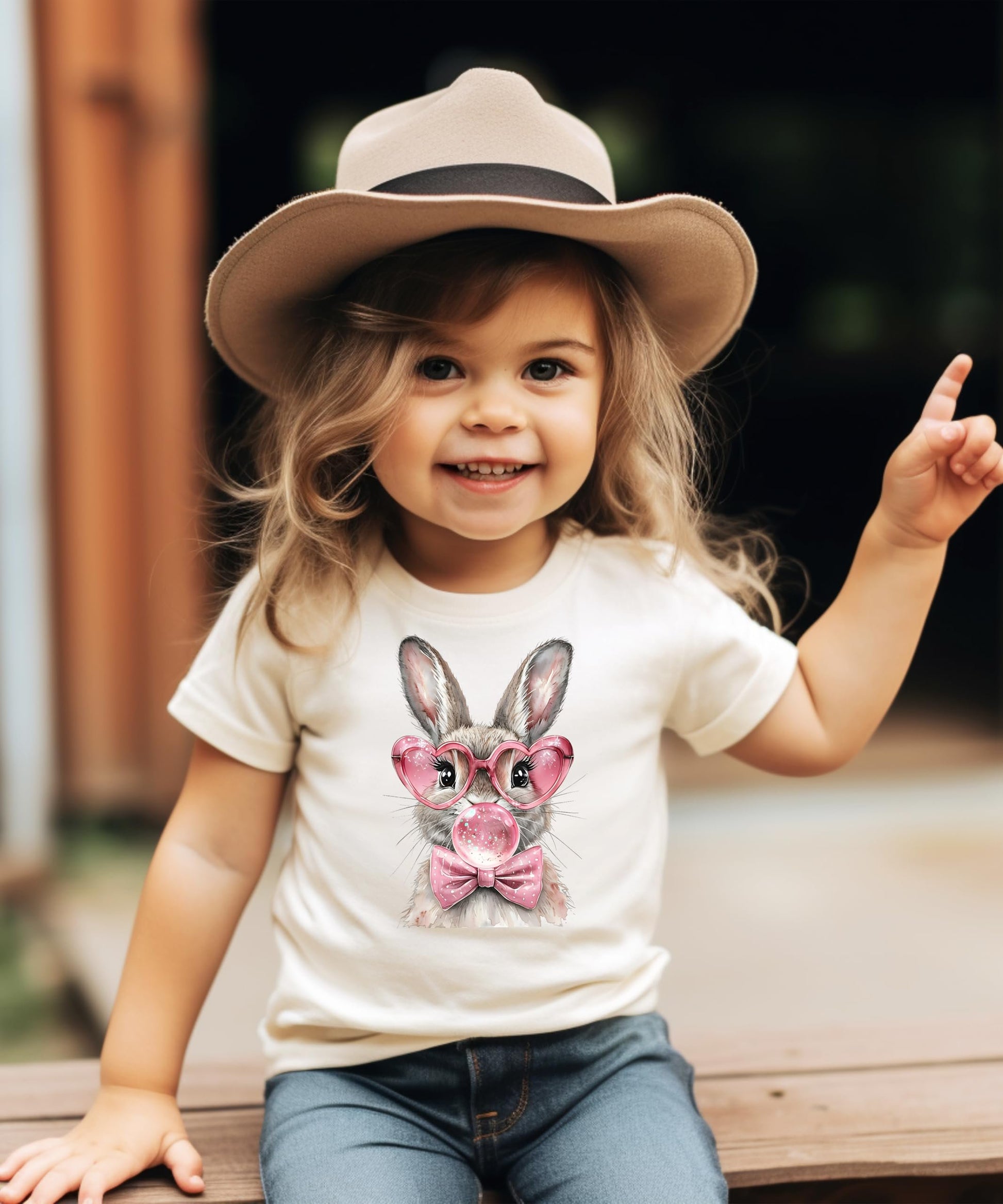 Youth and toddler Easter peach shirt with fun bunny bubblegum graphic by Olive Loves Apple
