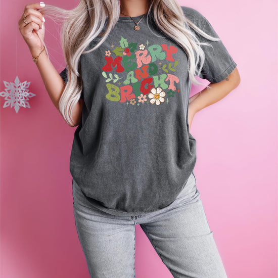 Back or detail view of women's Merry and Bright Christmas holiday graphic tee in ivory