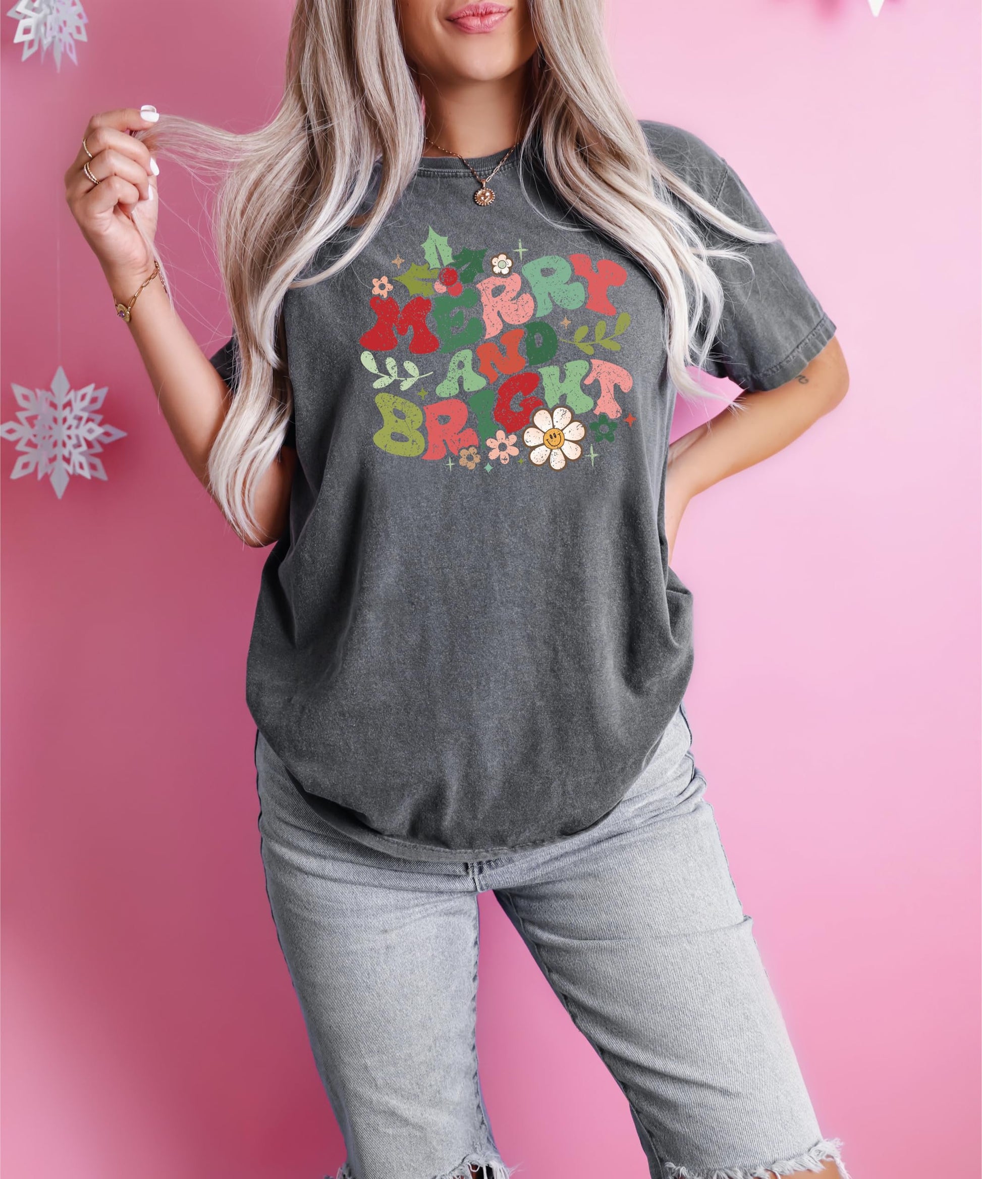 Back or detail view of women's Merry and Bright Christmas holiday graphic tee in ivory