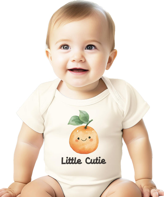 Front view of Little Cutie gender-neutral infant bodysuit with colorful fruit design
