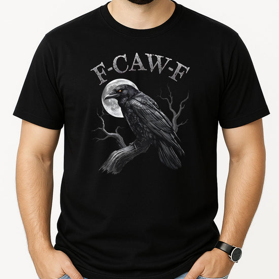 Dark humor graphic tee with crow saying and moon on black shirt