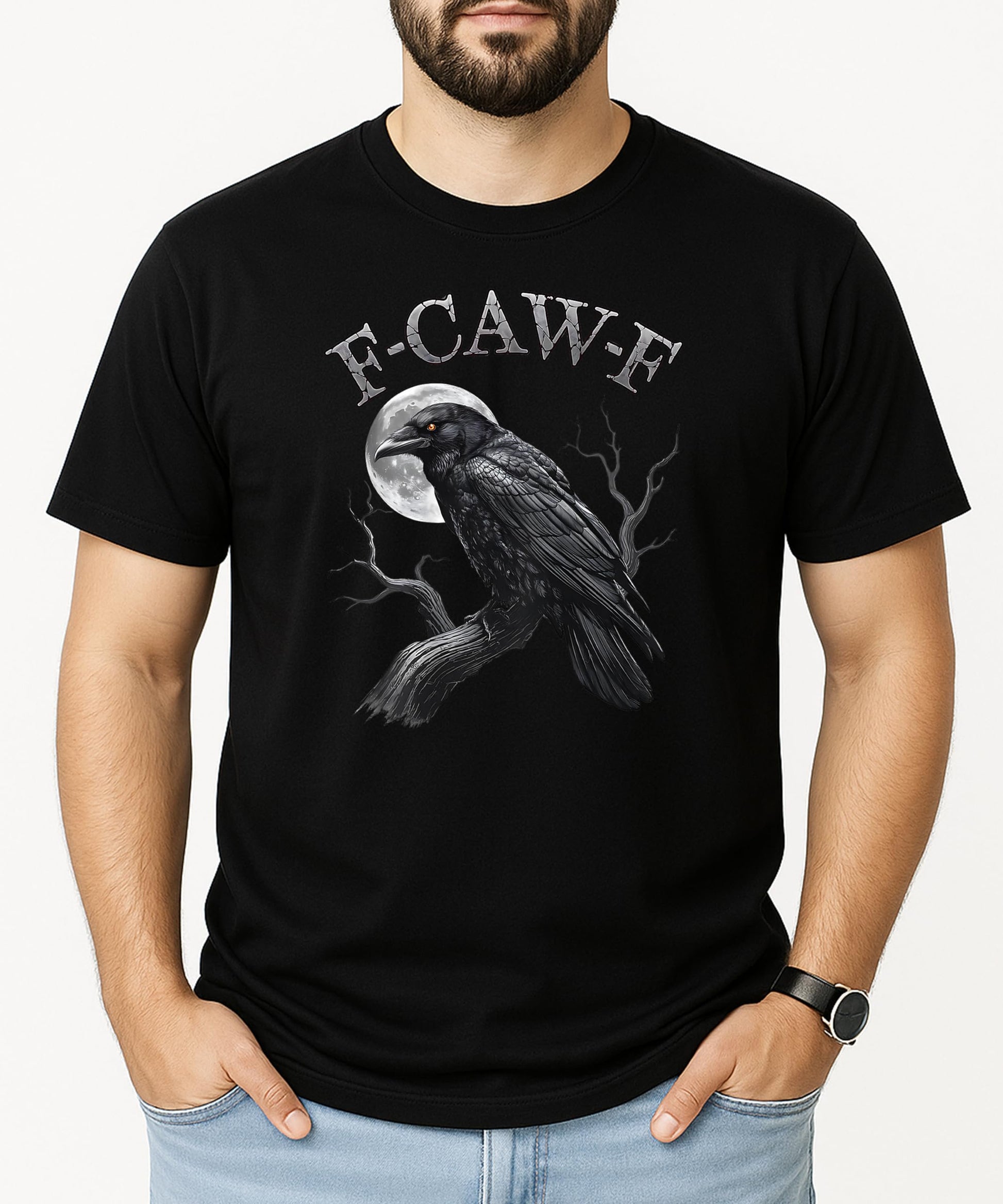 Dark humor graphic tee with crow saying and moon on black shirt