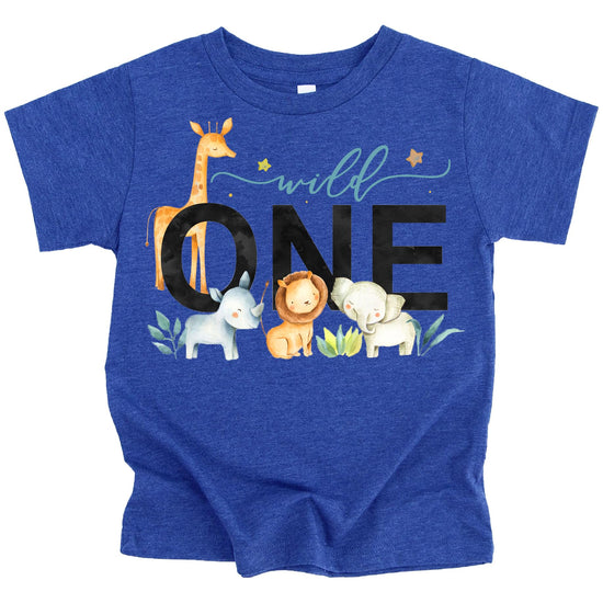 Military green Wild One birthday shirt with jungle animal design elements