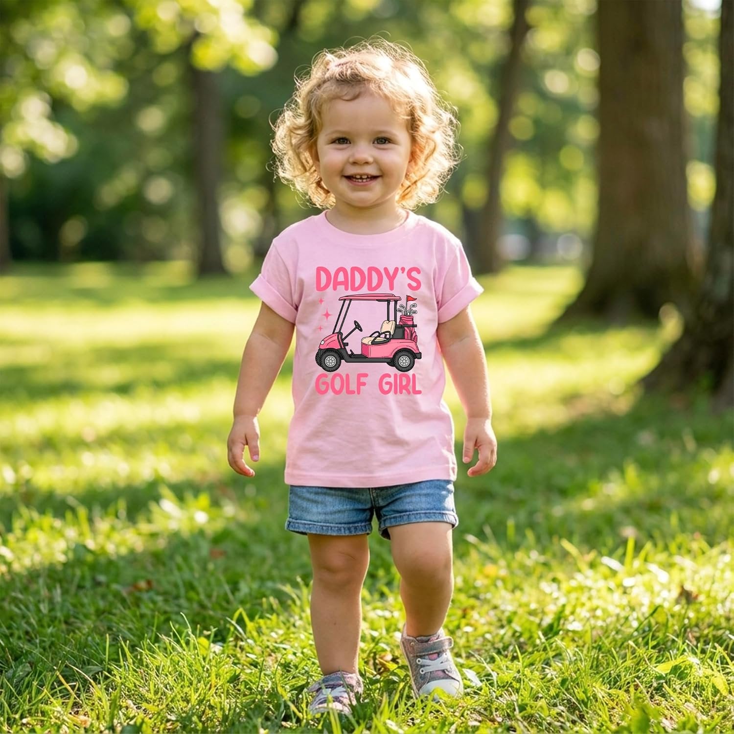 Olive Loves Apple Daddy's Golf Girl shirt laid flat showing full graphic detail