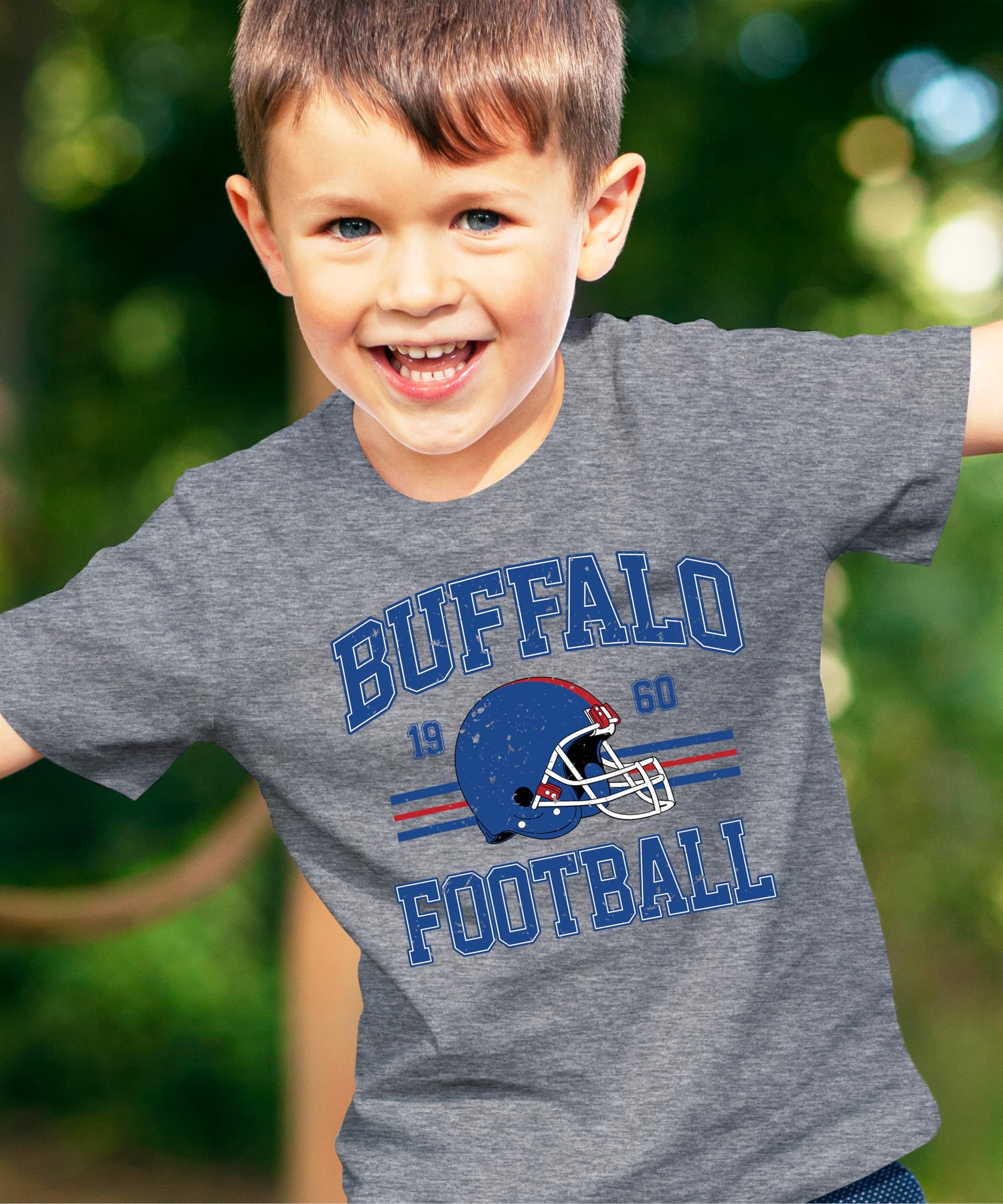 Side view of Buffalo Football vintage tee showing shirt fit and graphic placement on natural fabric