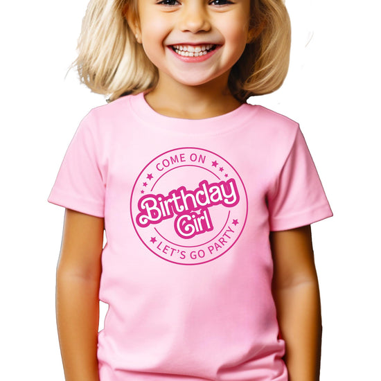 Front view of girls birthday graphic tee with bold retro pink lettering for toddlers and kids