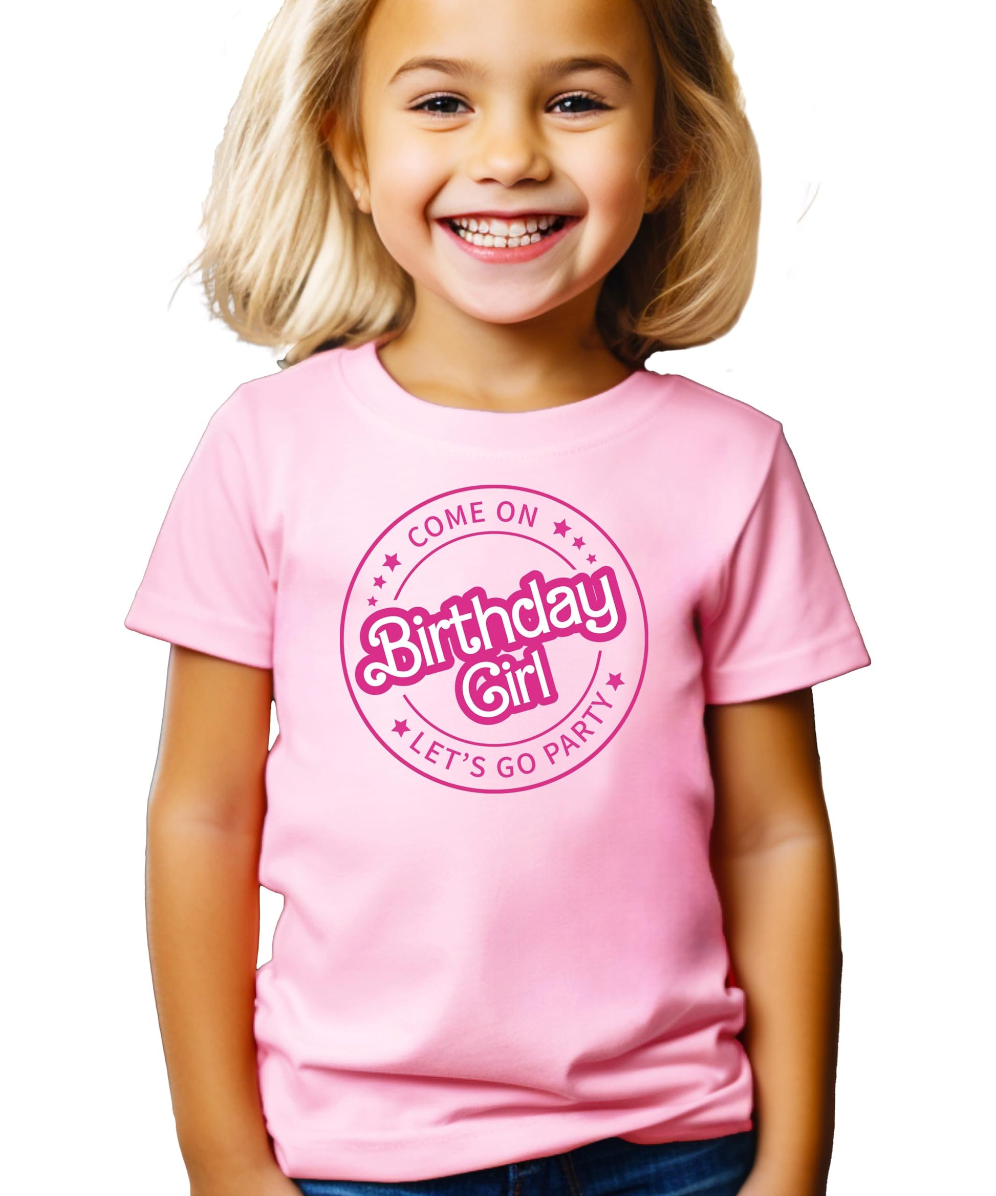 Front view of girls birthday graphic tee with bold retro pink lettering for toddlers and kids