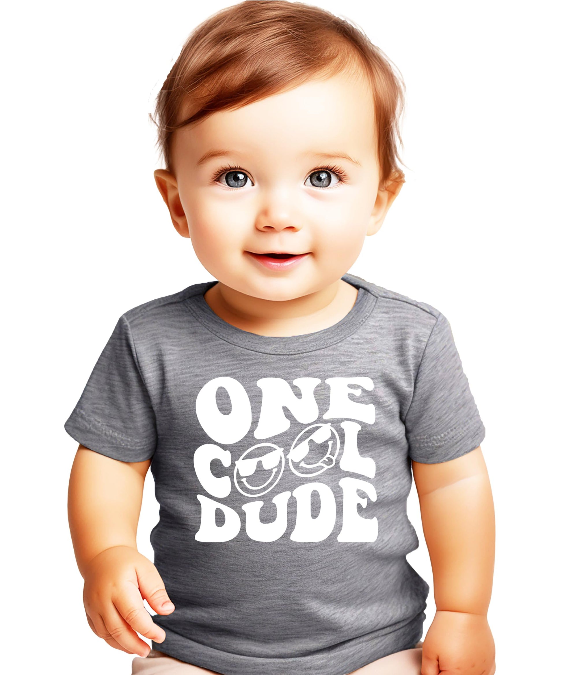 One Cool Dude first birthday outfit flat lay showing shirt and bodysuit options for boys