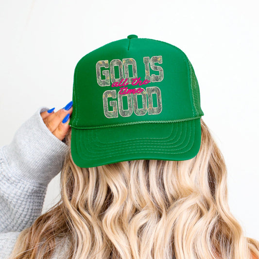 God is Good All The Time Trucker Hat for Women Camo Classic 5 Panel Foam Front Mesh Snapback