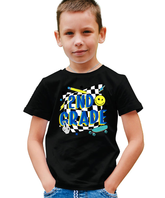 Close-up of retro skateboard graphic print on boys school shirt