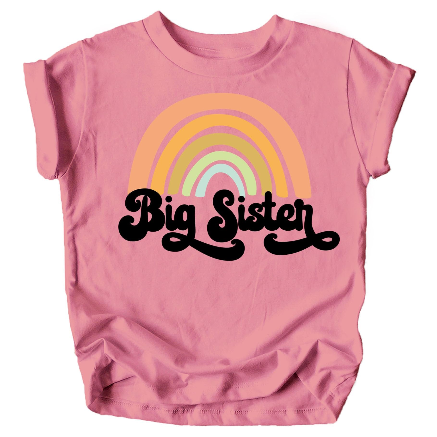 Flat lay of mauve Big Sister sibling reveal tee with colorful retro rainbow heart design