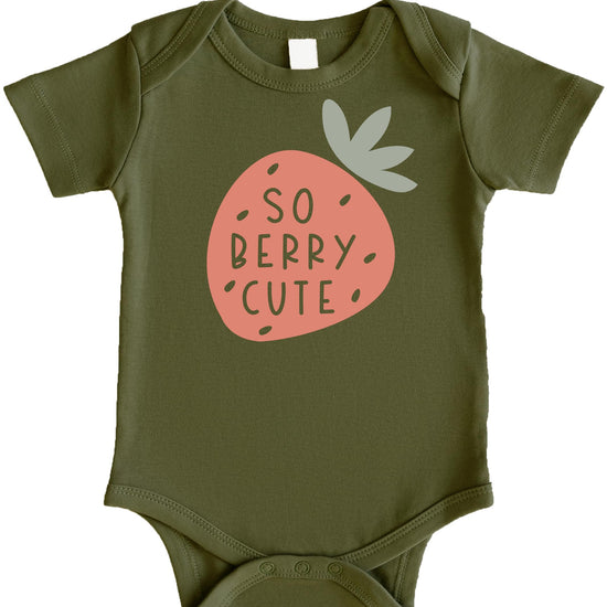 Olive Loves Apple So Berry Cute infant bodysuit lifestyle or detail view in military green
