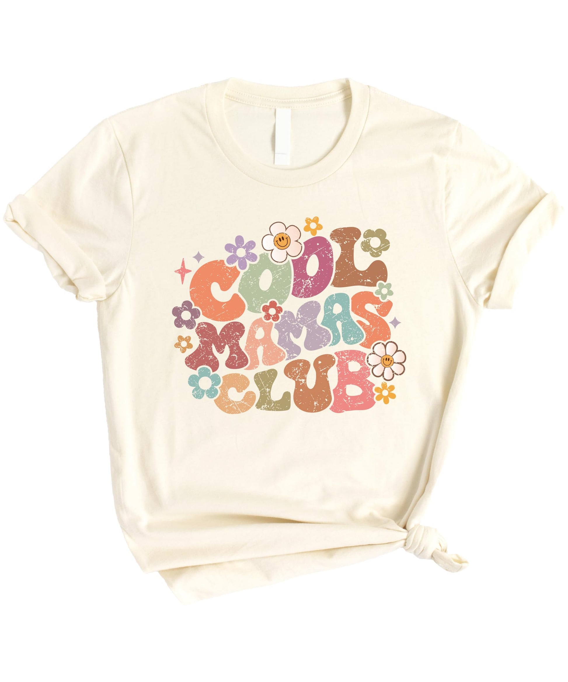 Cool Mamas Club distressed flower tee styled casually — trendy mom graphic shirt