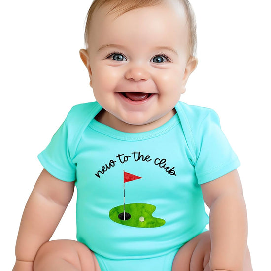 New to the Club natural cotton baby bodysuit with golf putting green, flag, and ball graphic for newborns