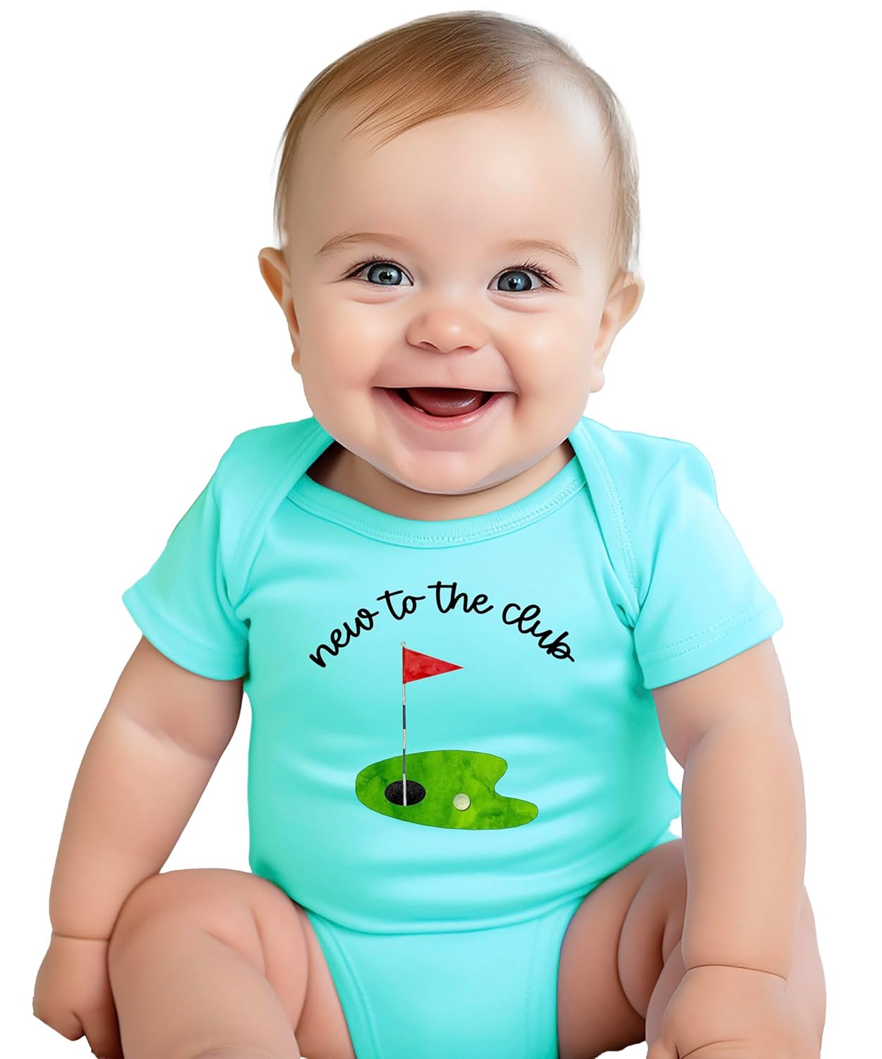 New to the Club natural cotton baby bodysuit with golf putting green, flag, and ball graphic for newborns