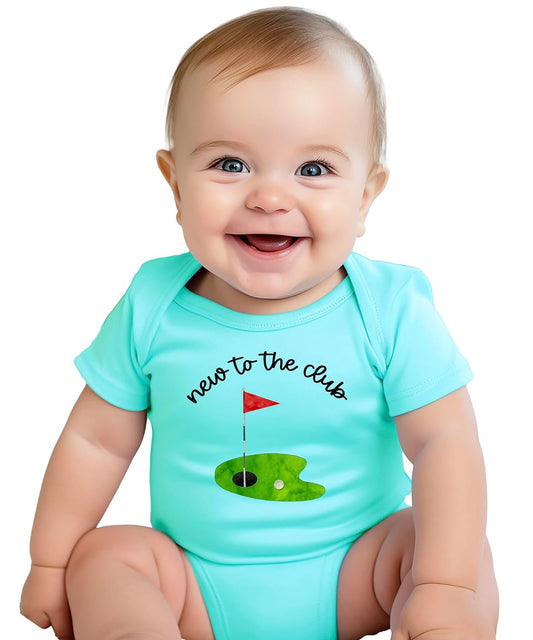 New to the Club natural cotton baby bodysuit with golf putting green, flag, and ball graphic for newborns