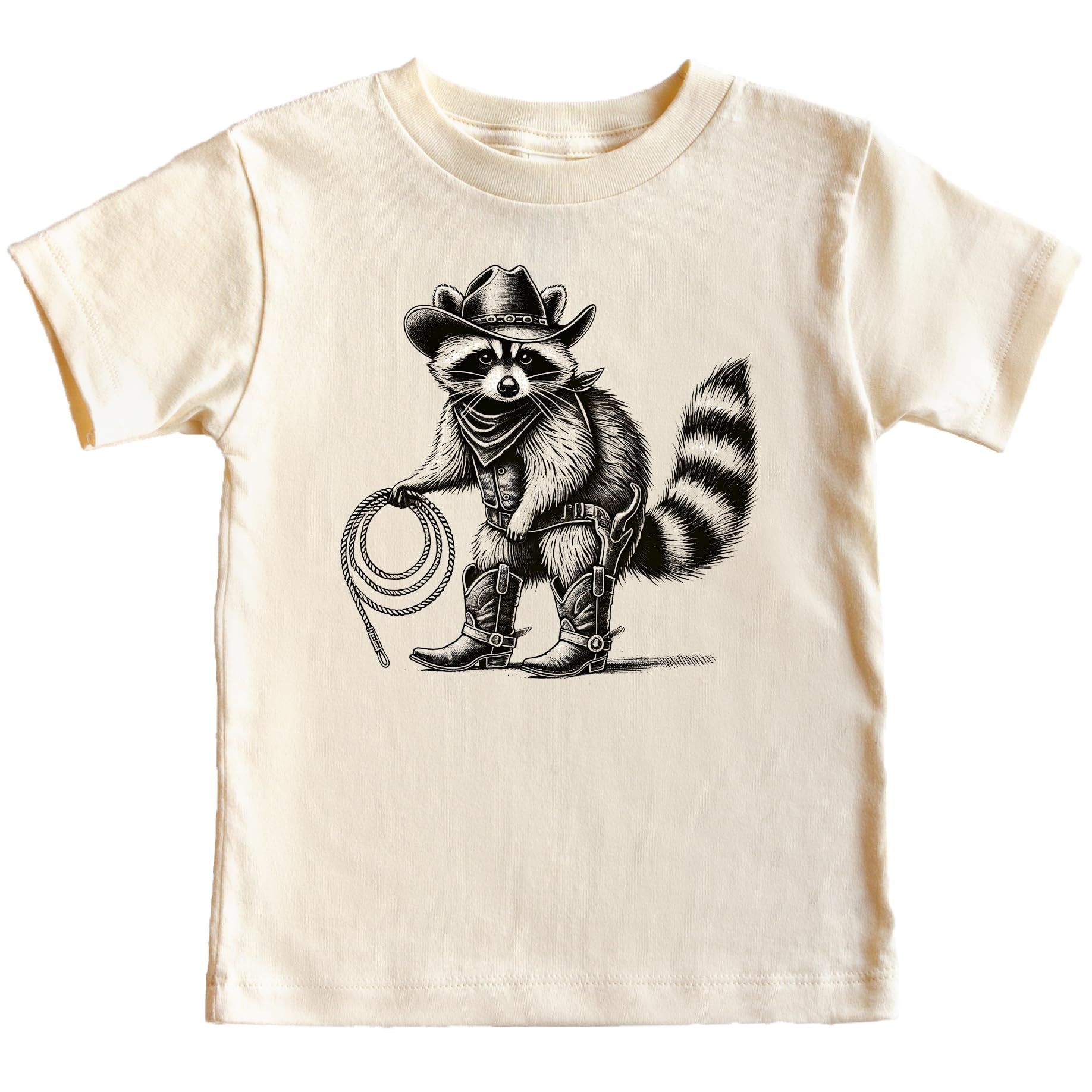 Kids natural color tee featuring a funny vintage raccoon cowboy graphic with lasso western design