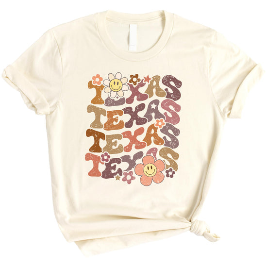 Texas retro shirt styled on model showing relaxed fit and groovy colorful design details