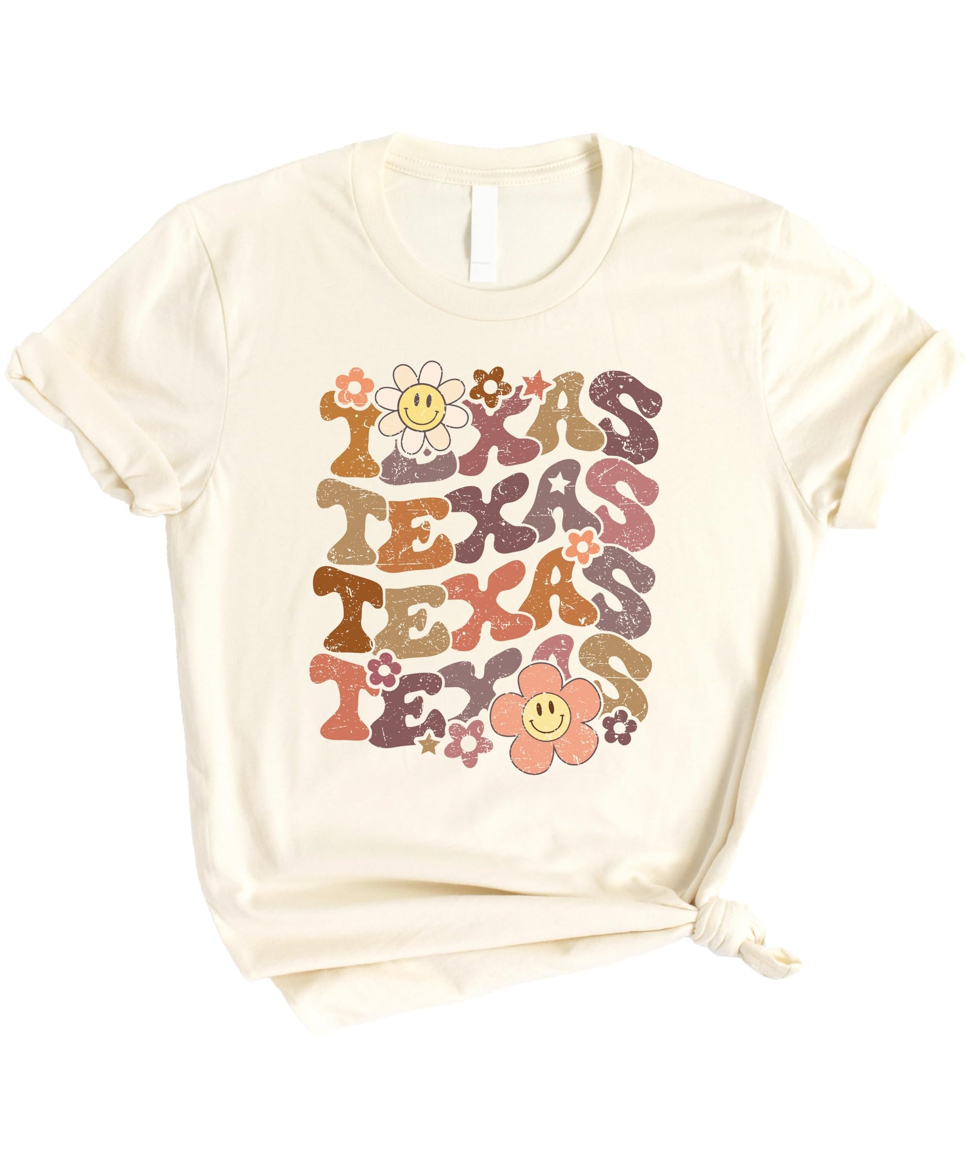 Texas retro shirt styled on model showing relaxed fit and groovy colorful design details