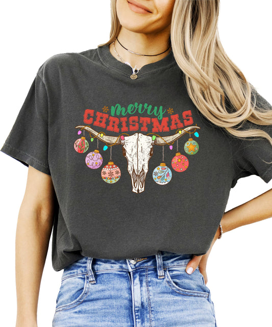 Front view of festive bull skull country Christmas tee with red and green holiday lettering for women