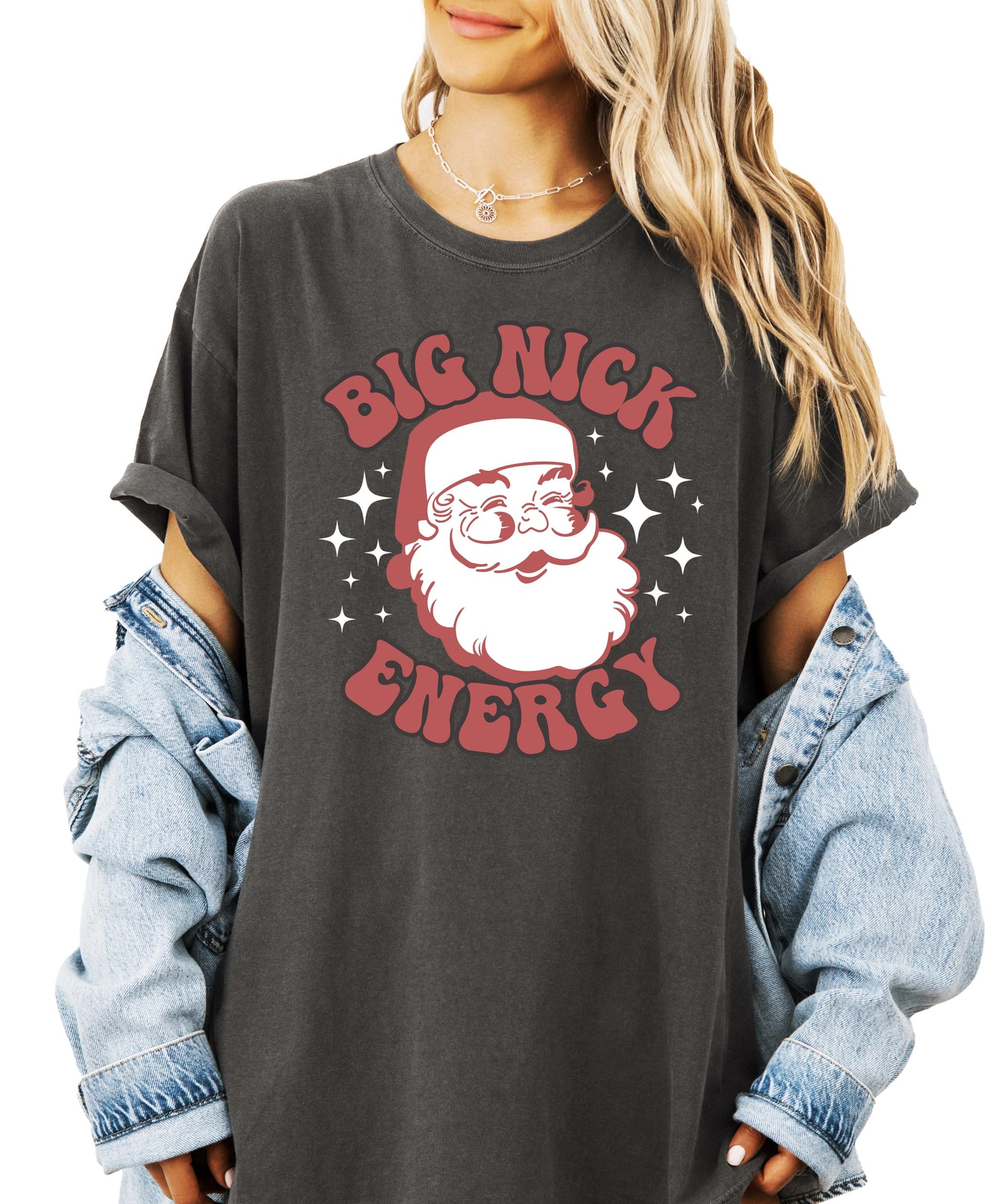 Women modeling Big Nick Energy Christmas shirt, casual holiday style