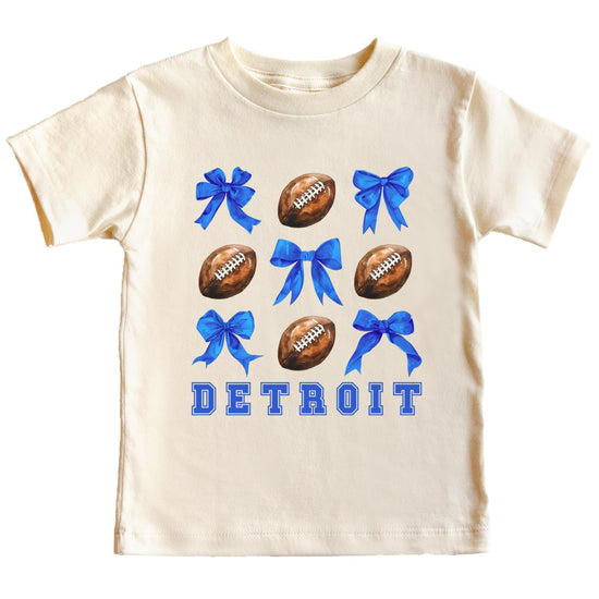 Close-up of Detroit football coquette bows graphic print on natural pullover shirt