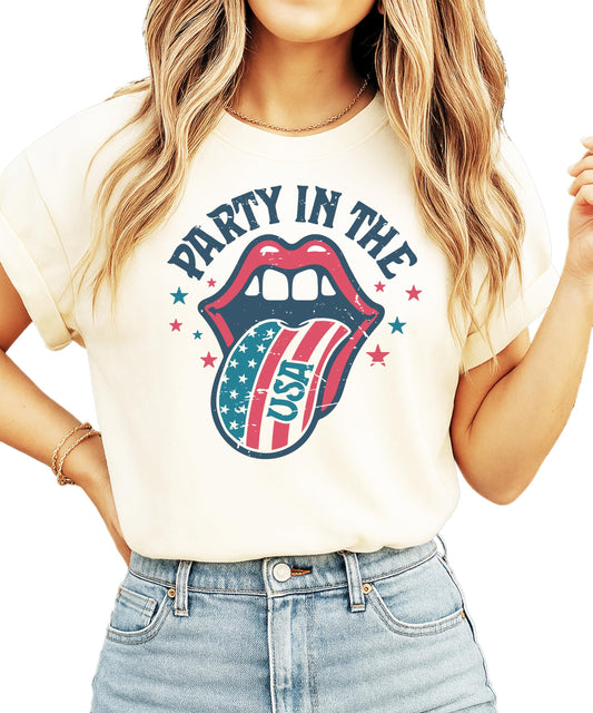 Party in the USA graphic tee with red tongue and stars design on ivory shirt