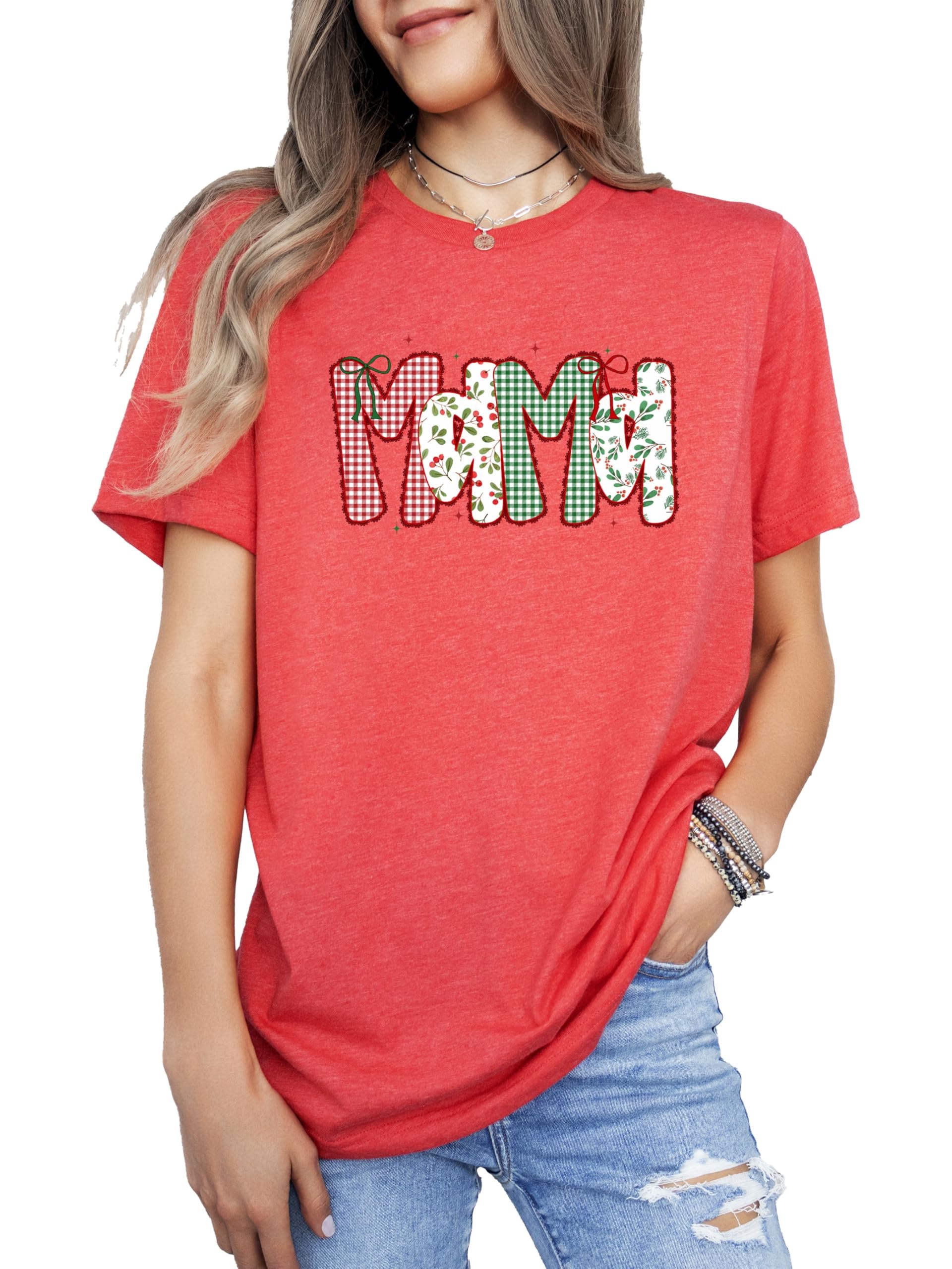 Family matching Christmas shirts for Mama Mimi Gigi and Nana laid flat showing festive print