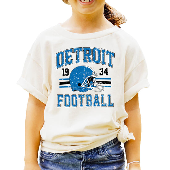 Side angle view of vintage Detroit football tee highlighting soft heather material and classic fit