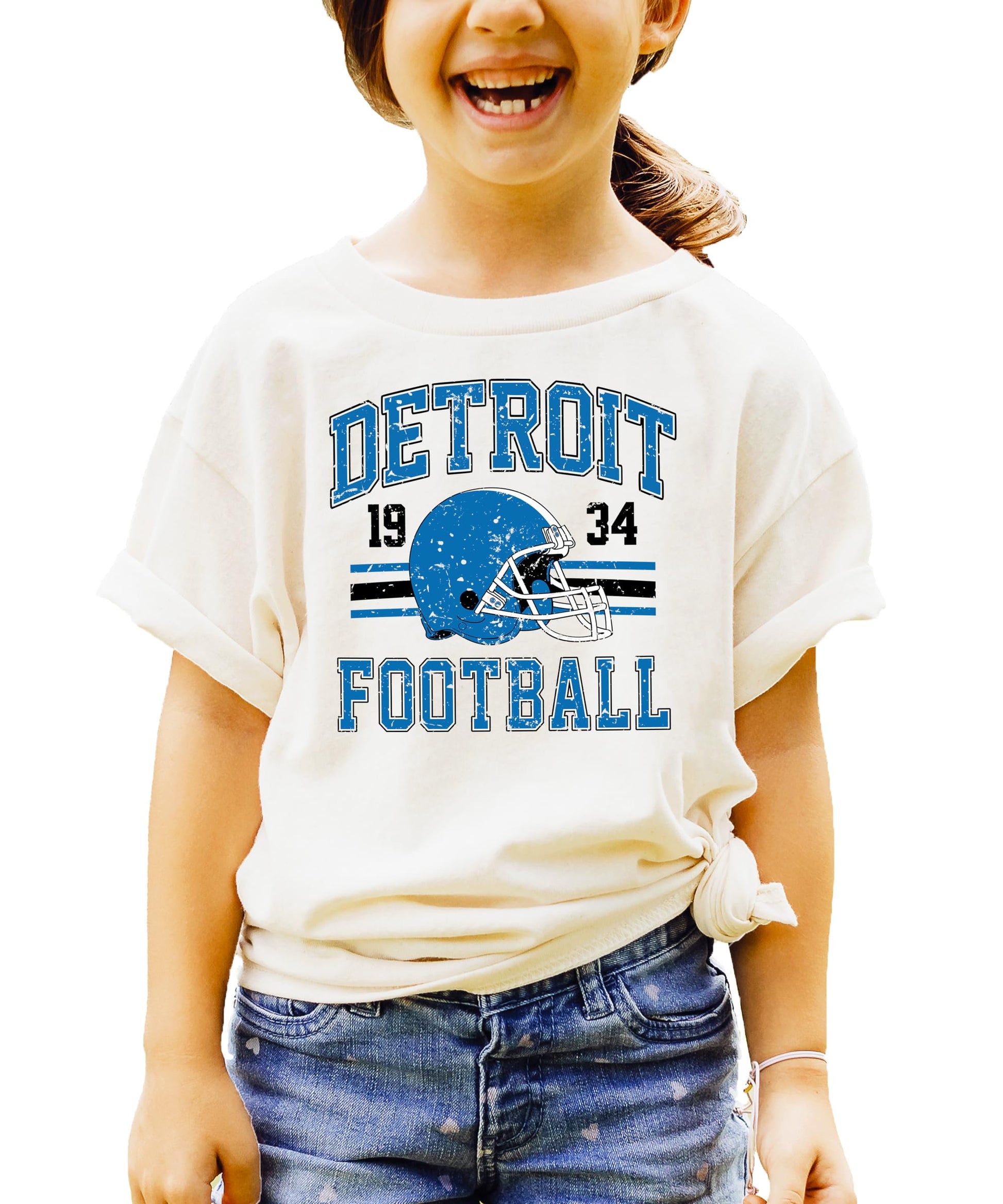 Side angle view of vintage Detroit football tee highlighting soft heather material and classic fit