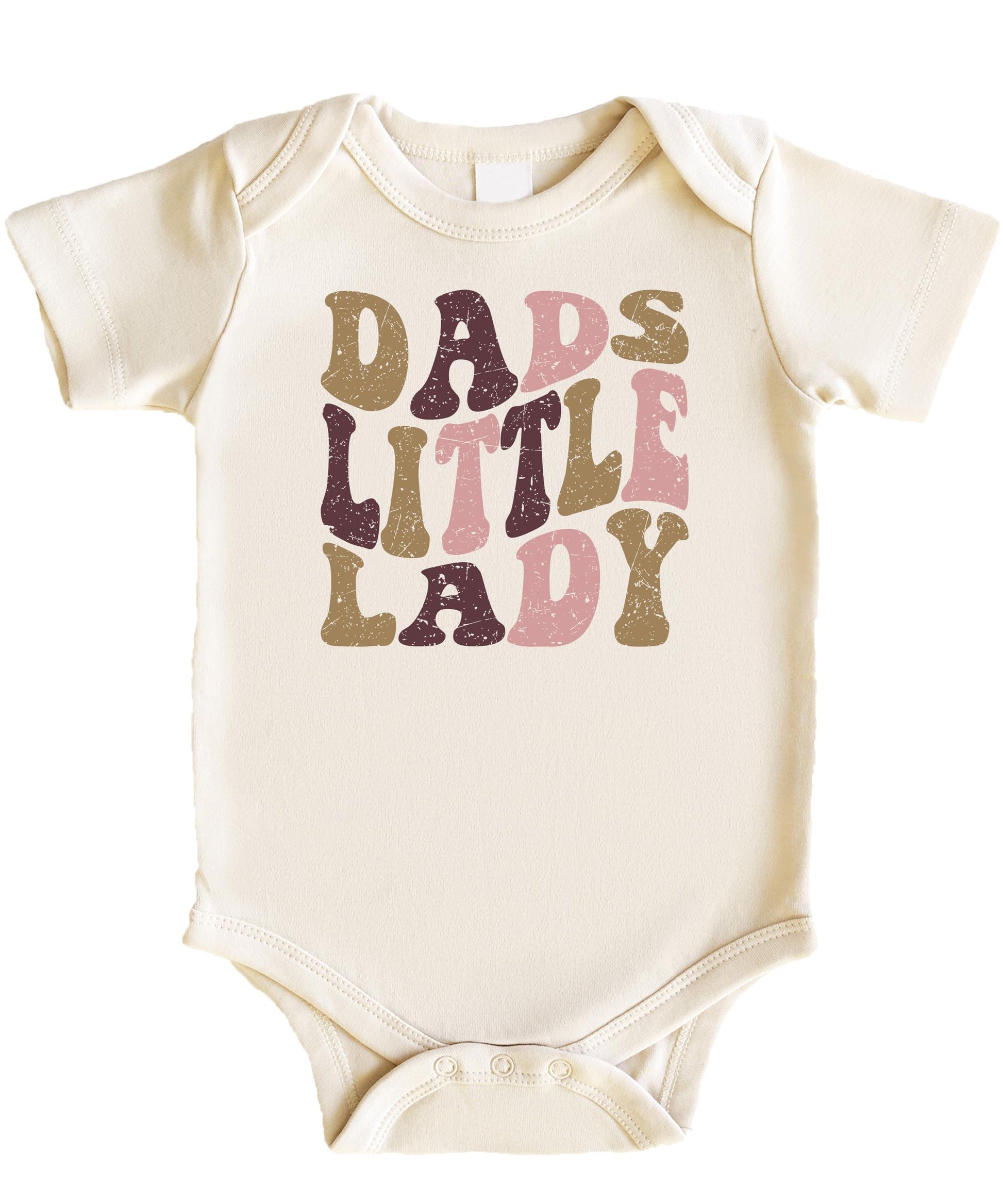 Dad's Little Lady retro distressed graphic snap bodysuit for baby girls in peach