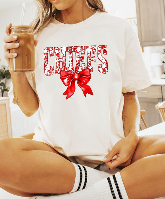 Trendy Chiefs Red Bow Shirt for Women and Teens Floral Sports Tee
