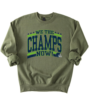 Olive Loves Apple We The Champs Now Graphic Sweatshirt for Men, Women & Kids - Navy & Green Team Football Fan Pullover