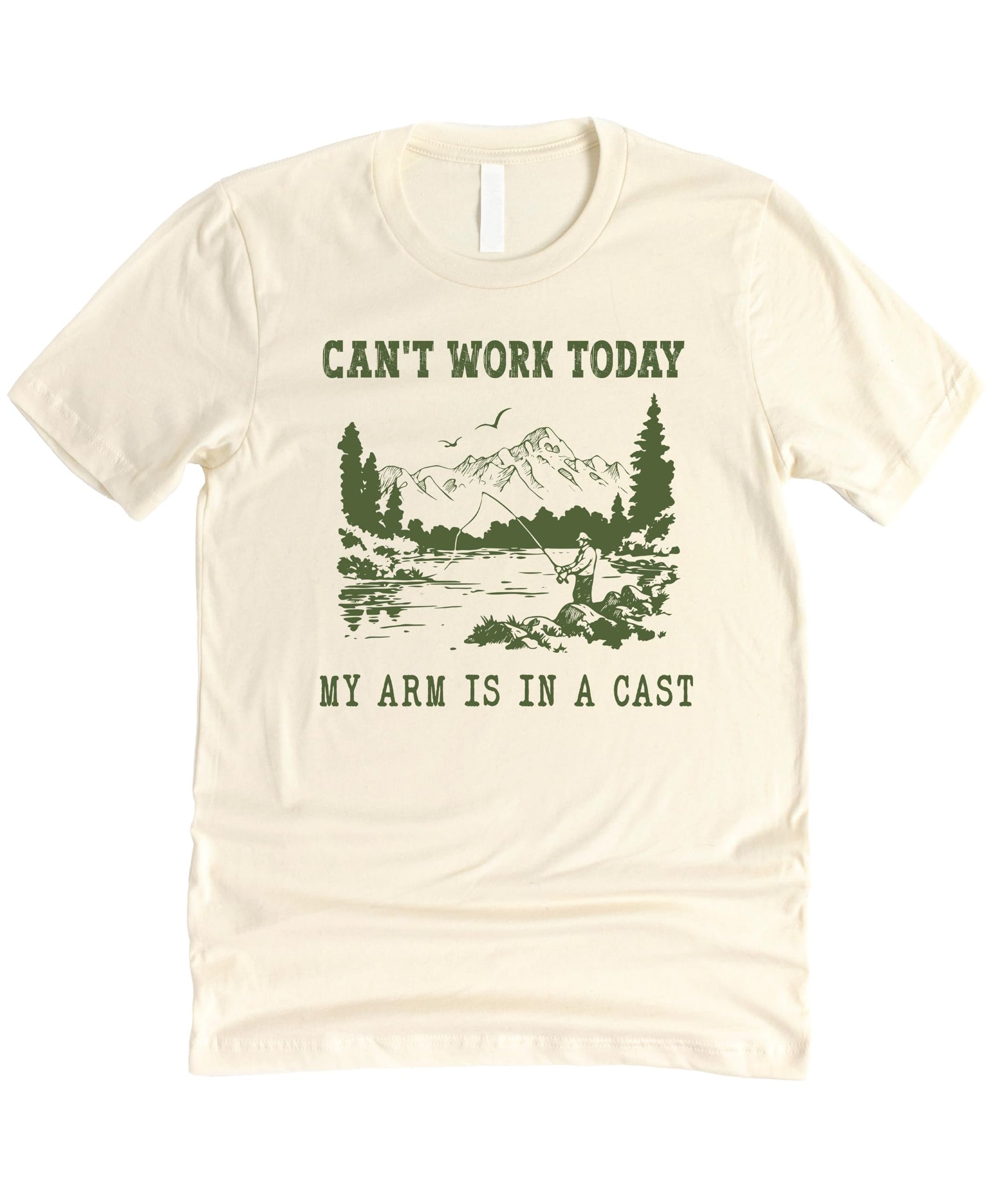 Natural color men's t-shirt with funny 'Can't Work Today My Arm is in a Cast' fishing graphic print