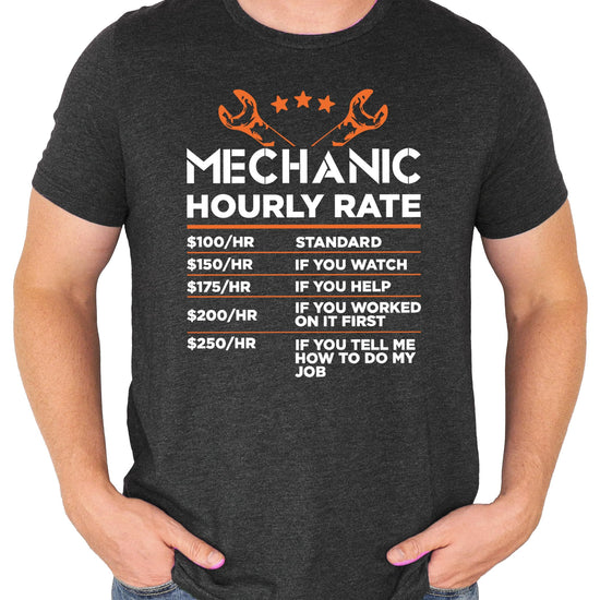 Men's black graphic tee featuring the viral Mechanic Hourly Rate sarcastic price list design