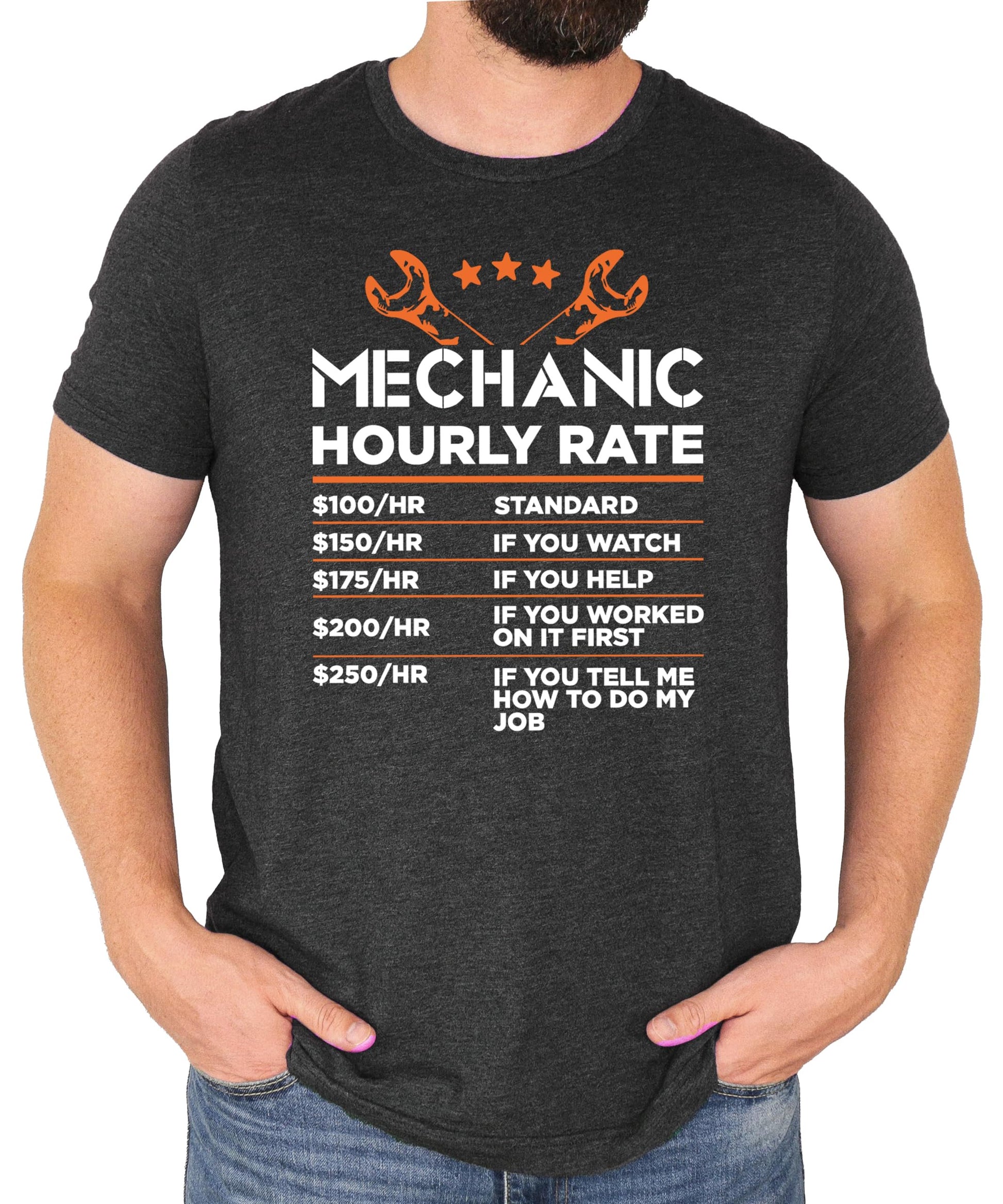 Men's black graphic tee featuring the viral Mechanic Hourly Rate sarcastic price list design