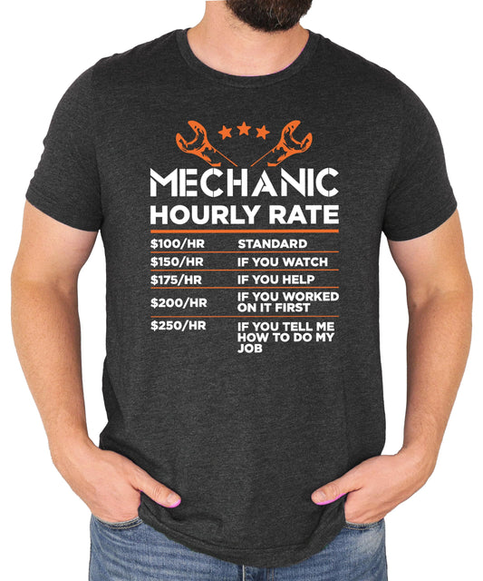 Men's black graphic tee featuring the viral Mechanic Hourly Rate sarcastic price list design