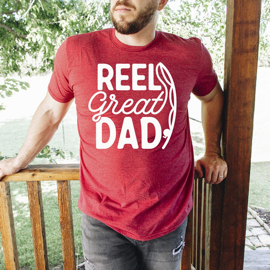 Reel Great Dad men's graphic tee in red, angled product view