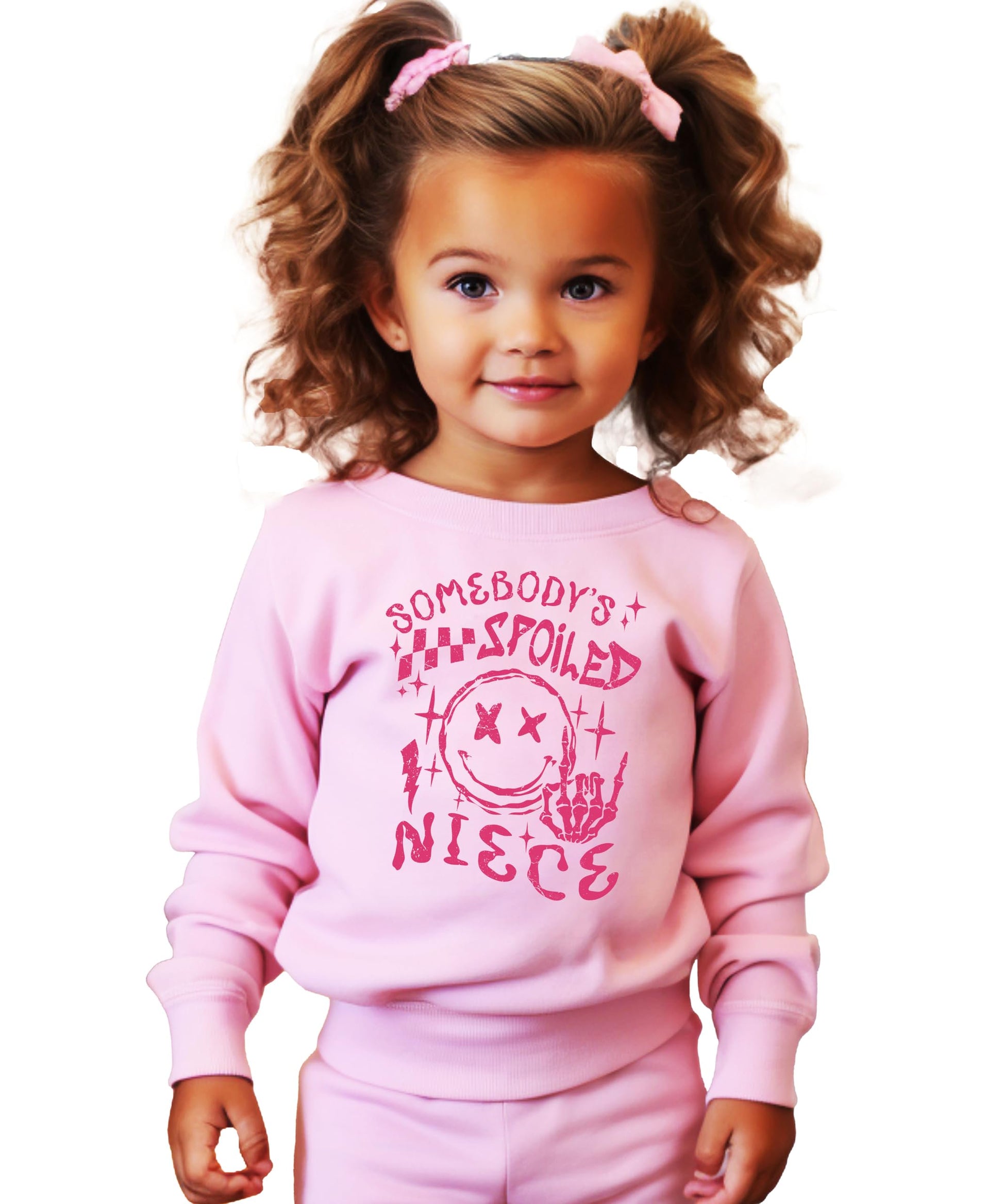 Somebody's Spoiled Niece pink crewneck sweatshirt with grunge-style graphic for kids and toddlers