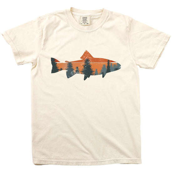 Flat lay of trout fishing graphic tee showing full design and shirt color
